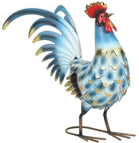 Outsunny Hahn-Gartenstatue, Metall-Gartenfigur, stehende Hahn-Skulptur mit Bodenankern, Geschenk für Terrasse, Rasen Landschaftsdekoration, 44L x 18B x 41H cm Mehrfarbig
