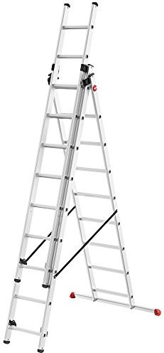 Hailo HobbyStep combi 3-in-1 Alu-Kombileiter | 3 x 9 profilierte Sprossen bis 150 kg | Anlegeleiter, Schiebeleiter und Bockleiter in einem | inkl. Alu Einhängetritt | Made in Germany | silber