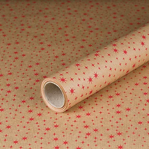 Weihnachtspapier Rote Sterne, Geschenkpapier, Kraftpapier 60 g/m², gerippt, Vintage - 1 Rolle 0,7 x 10 m