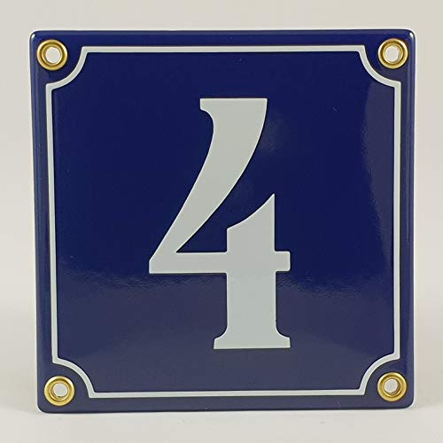 Hausnummer Emaille Schild Nr. 4 Blau-Weiß Handarbeit mit Schrauben und Dübel zur Montage