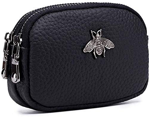 Geldbörse Damen Klein - Portemonnaie Damen Klein Mit Bienenmuster Doppelreißverschluss Mini Damen Portemonnaie Münzfach Zipper Brieftasche Kartenhalter Einfache Münztasche für Damen(schwarz)