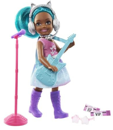 Barbie Chelsea Can Be Playset with Brunette Chelsea Rockstar Doll (6-in/15.24-cm), Guitar, Microphone, Headphones, 2 VIP Tickets, Star-shaped Glasses, Great Gift for Ages 3 Years Old and Up 