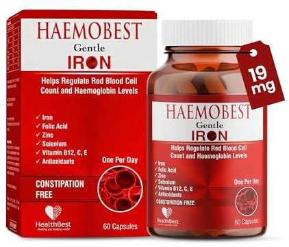 HealthBest High Potency Gentle Iron Capsules 19mg |Slow Release Iron for Faster Absorption, Non-Constipating| Vitamin C, B12, Folate Zinc & Selenium for Anemia, Hemoglobin & Immune Support |60 Count