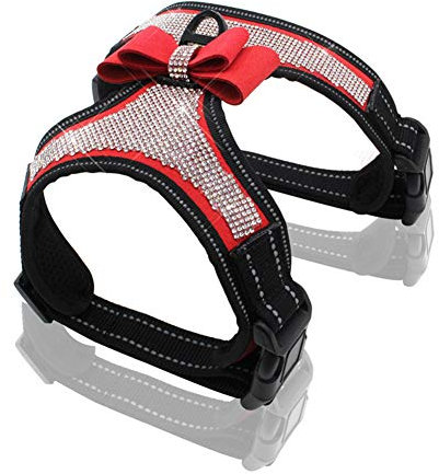 FUNAT Reflektierendes Hundegeschirr mit Strasssteinen, Süßes glänzendes Hundegeschirr Brustgurt, Reflektierender Brustgurt mit glänzender Schleife