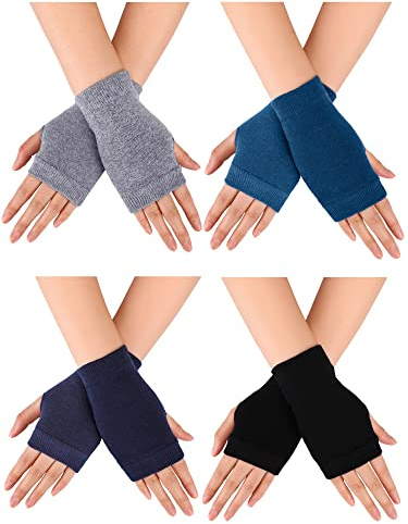 Blulu 4 Pairs Fingerless Gloves with Thumb Hole Cozy Half Fingerless Driving Gloves Knit Mittens for Women Men(Black, Grey White, Navy Blue, Dark Green)