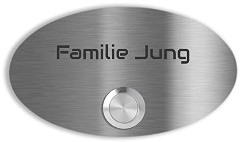 Jung Edelstahl Design Edelstahl Türklingel Rom Haustürklingel mit Gravur 14x8 cm Klingelschild oval mit LED Taster (Ohne LED) Klingelplatte individuell personalisierbar