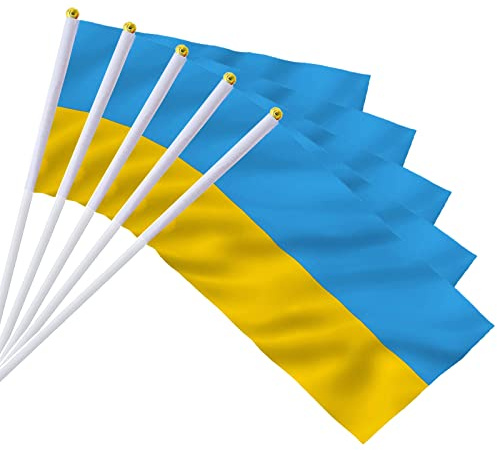 AhfuLife Ucraina Piccole Bandiere su Bastoni, 30pcs, 14 × 21 cm Tenuto a Mano Doppio Lato Tessuto Ucraina Mini Bandiere con 30cm Palo Bianco per la Coppa del Mondo, la Calcio European Supporto