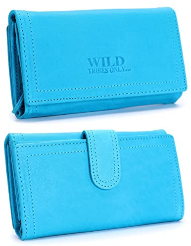 irisaa Damen Leder Wild Geldbörse, Portemonnaie Lang Geldbeutel,RFID Schutz 21 Kartenfächer, Brieftasche Groß, Vintage Design Used Look, Damen Tasche:weich Blau