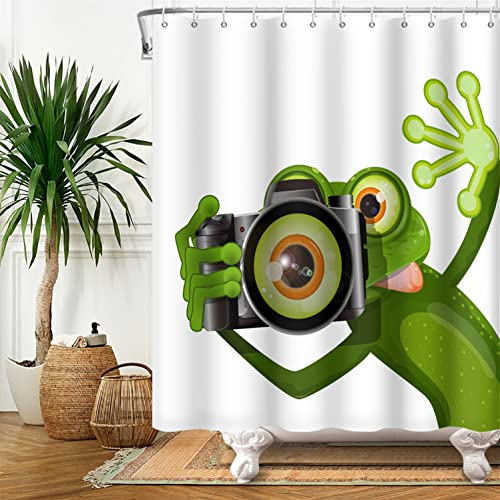 SDOTPMT 122x183cm Mignon Drôle Grenouille Rideau de Douche Photographe Grenouille Grand Regard Prise d'une Photo Animal Blanc Rideau de Baignoire pour Enfants Salle Bains Polyester avec Crochets