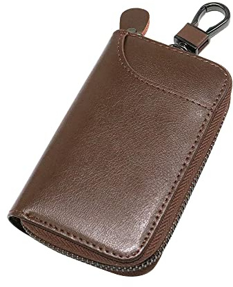 TECHNOPLAY Unisex Mens Womens Premium Leather Car Key Holder Bag Keychain Case Wallet with Buckle and 6 Hooks and 1 CAR key buckle Zipper Closure Credit Card Holder (BROWN)