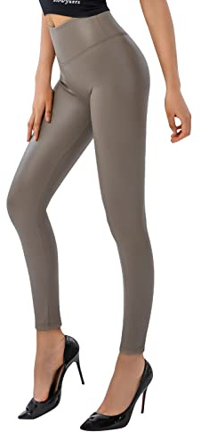 SOGNO D'ORO Leggings en Similicuir pour Femmes Taille Haute Leggings en Cuir PU Pantalons Collants Treggins Leggins Doublés en Polaire，Kaki