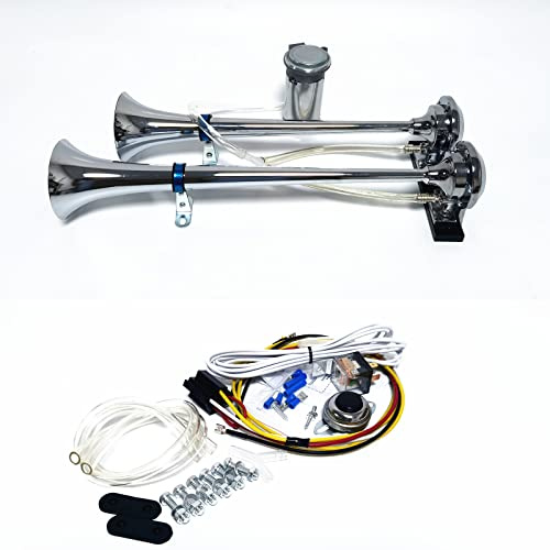 YIYIDA Air Horn 12V Doppelrohrhorn 165db Auto Lautsprecher Silber Chrom Zink Trompete Mit Air Pump für LKW Moto Van Boot Zug