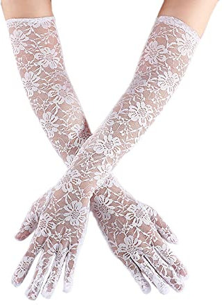 Wambere Damen Vintage Spitzen Brauthandschuhe Lange Spitzen Handschuhe für Hochzeit Oper Damen Accessoires,Damen Halb Transparent Tüll Braut Handschuhe,Lang für Hochzeit Abend 45cm,Weiß