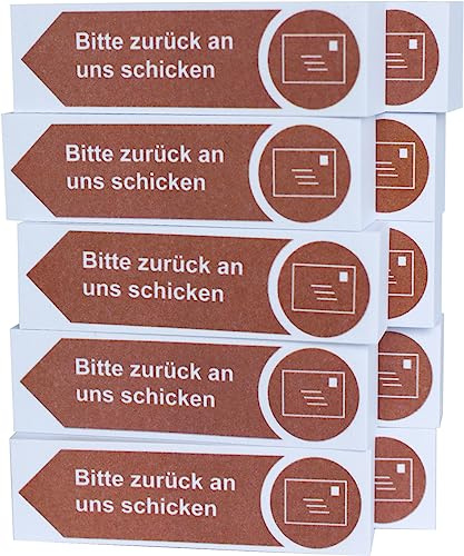 Litfax Haftnotizen Klebezettel Bitte zurück an uns schicken, 10 Stück je 100 Blatt Sticky Notes – Post It Haftstreifen in Braun mit Pfeilrichtung nach links