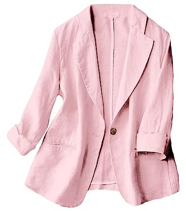 Pink Linen Blazer Women Summer Spring Jackets for Women 2024 Casual 3/4 Sleeve Lightweight Business Work Clothes Linen Tops (Pink, L)