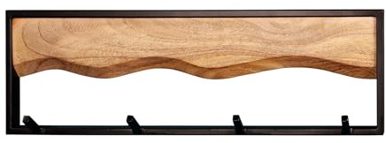 Wandgarderobe AMAZONAS 60cm - natur schwarz - Mangoholz Metall | Montiert geliefert, vier Metallhaken, individuelle Maserung, pflegeleichte Oberfläche, industrieller Kontrast