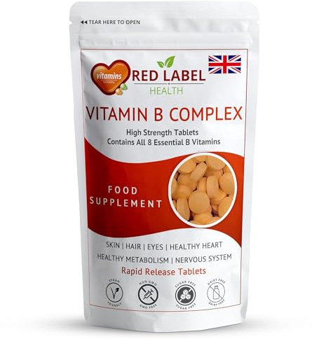 Red Label Health Vitamin B Complex High Strength, Pack of 100 Tablets (3+ Months Supply), All 8 Essential B Vitamins in 1 Tablet for Men & Women, B1, B2, B3, B5, B6, B12, Biotin & Folic Acid, UK