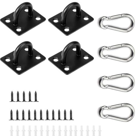 MHYMX Placca per occhi in acciaio inox, 4 pezzi, con occhiello, gancio da soffitto nero, occhiello da parete con moschettone, piastra con occhielli grande, 37 x 46 mm, gancio di fissaggio per tende da