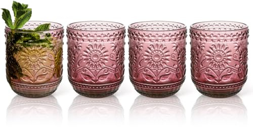 Topsky Trinkgläser Bunt - Cocktailgläser Set 4er Glas Set 360ml - Bunt (4 Pink) für Cocktails, Saftgläser - Spülmaschinengeeignet & Stapelbar - Modernes Design