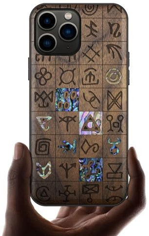 Carveit Coque Compatible avec iPhone 11 Pro Étui en Bois Cover [Gravure en Bois et Incrustation de Coquille] Case pour 11 Pro Coque Premium (Noyer-Runes mystiques)