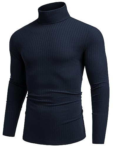 COOFANDY Pull à Col Roulé pour Homme T-Shirt à Manches Longues Chaud Casual Tricot Pulls Hiver Slim Fit Bleu foncé S