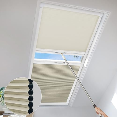 UrMoon Skylight Cellular Blinds, Blackout Honeycomb Blinds Double Sliding Sun Protection Shades Easy Fit for Roof Inclined Plane Room Windows(Light Filtering Camel & Blackout Camel, Custom Sizes)