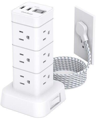 Surge Protector Power Strip Tower, 12 Outlets 4 USB (2 USB C) Desktop Charging Station for Multiple Devices, 6Ft Flat Plug Extension Cord with Multiple Outlets, Home Office College Dorm Essentials