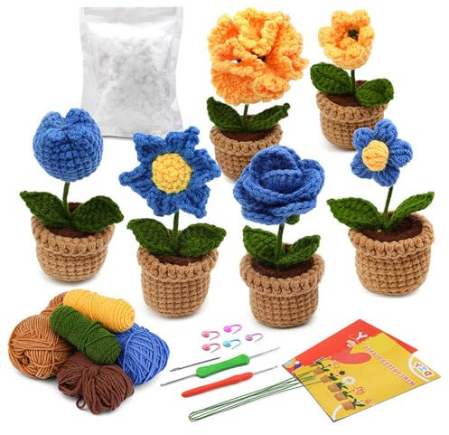 Häkelset für Anfänger 6-teiliges Häkeln Häkelgarn Set Häkel-Starterset für Blume DIY Häkel Strickset mit Schritt-für-Schritt-Anleitung und Video-Tutorials,Flower（Blau）