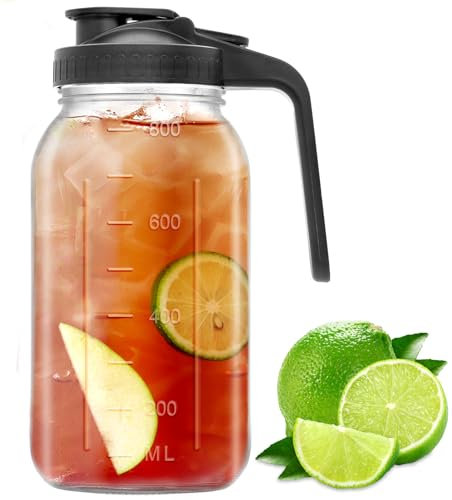 32 oz Glass Mason Jar Pitcher with Pour Spout & Handle, Wide Mouth Leak-Proof Jug for Cold Brew Coffee, Iced Tea, Juice, Lemonade, Sun Tea, Fruit Drinks, Airtight Lid for Fridge Storage (1 Quart)