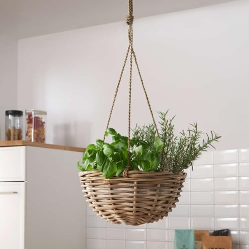 FRANK FLECHTWAREN Pflanzampel Rattan, Koboo-Grey, Maisstroh, Mit Folie, Ø 30x15 cm GH 72 cm, Handgefertigt, Hängend Boho
