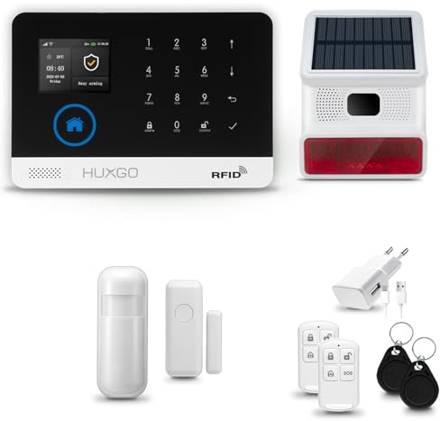 HUXGO® HXA003 Sistema di allarme casa senza fili con radio Sirena esterna solare WiFi + GSM 4G | Impianto allarme casa kit con 1x sensori di allarme per finestre/portes, 1x rilevatori di movimento