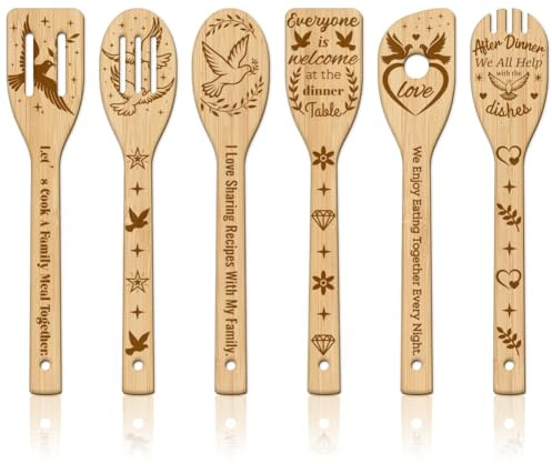 GLOBLELAND 6 Pièces Ensemble D'Ustensiles de Cuisine en Bambou Colombe de la Paix Cuillères Gravées en Bois Ensemble de Spatules à Sculpter en Étoiles Cuillère de Cuisine pour Mère Femmes Cadeau