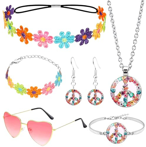 Saier tbo 6 Stück Hippie Kostüm Zubehör, Vintage 70er Jahre Flower Power Accessoires mit Gänseblümchen Kopfschmuck Liebesbrille Peace Kette Ohrringe Armband für Damen Fasching Karneval Party