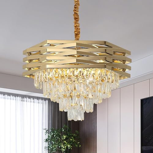 meibeileil Moderner Kristall Pendelleuchte,Gold Rund Hängend deckenleuchte W60cm,5-Lagiger K9 Luxus HäNgelampe Esstisch,Kristallleuchter füR Pendelleuchte Esstisch,Wohnzimmer,Lobby,Flur,Schlafzimmer.