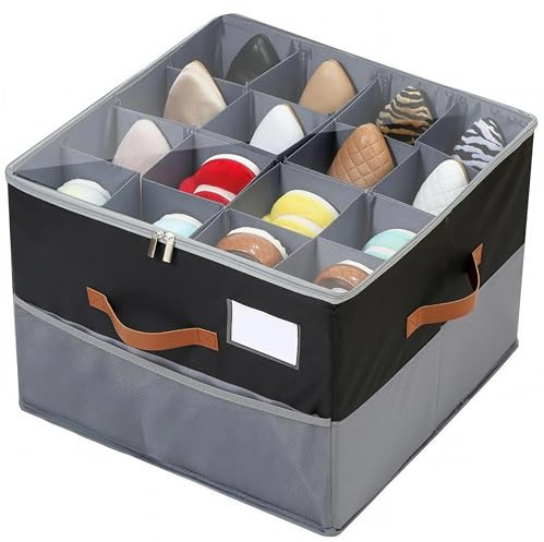 Saklifuo Caja de almacenamiento de zapatos, se adapta a 16 pares, organizador de zapatos plegable con cubierta transparente con cremallera, divisores y asas ajustables, soporte para zapatos que ahorra
