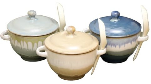 Darthome Set of 3 Coastal Reactive Glaze Soup Bowls with Lid Spoon & Handles Stoneware 300ml