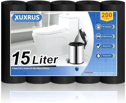 XUXRUS 200 Bolsas de Basura 15L, Bolsa Basura Pequeña para Baño, Negra, Resistente, Antifugas, Antidesgarro, Sin Olor para Cocina, Salón, Oficina (50 x 55 cm)
