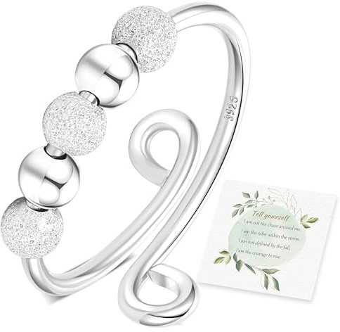 Senteria Angst-Ringe für Frauen - Verstellbare Sterling Silber Ringe mit Perlen - Stress Spinner Ringes für Frauen - Fidget Ringes gegen Angst