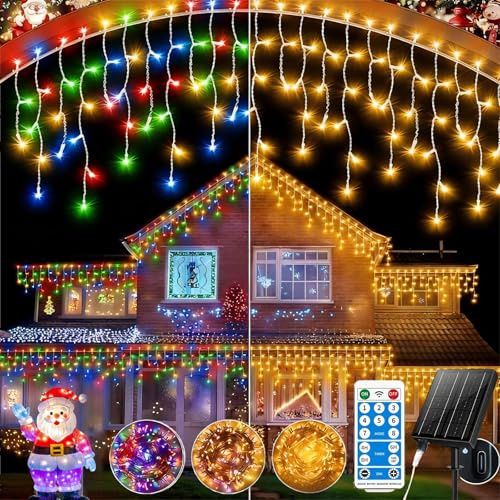Solar Eisregen Lichterkette,Solarenergie und Wiederaufladbar,25m+5mm 660 LED IP65 Wasserdicht, Mit 8 Modi & Timer und Speicher Weihnachtsbeleuchtung Außen für Balkon Fenster Haus Geländer (Warm-Multi)