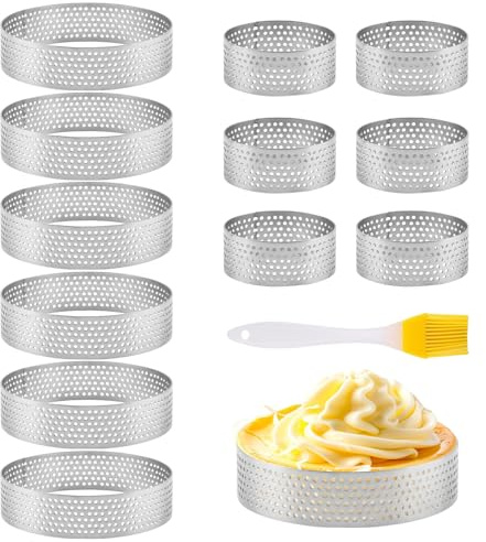 YUE QIN 12 Stück Mousse Tartelette Förmchen 5cm 8cm Dessert Möusse Ring mit Löchern Rund Tortenringe 430 Edelstahl Perforierter Dessertringe Klein Crumpet Rings für Crumpet Torten Pie Quiche Muffins
