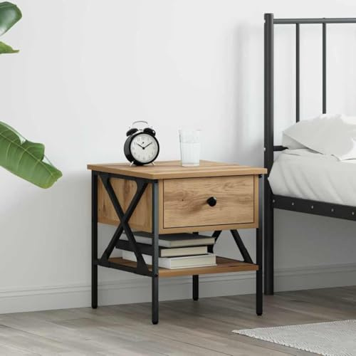 sephironlbb Artisan Oak Bedside Table, 40 x 42 x 45 cm, Plywood and Metal, with Drawer and Shelf, Modern Side Table for Bedroom, Sturdy Bedside Cabinet