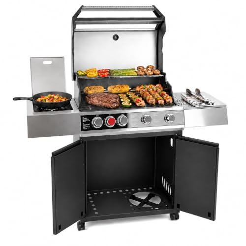 Amig - Barbecue à gaz XXL Fireplus GRILL-2 5F - 139 x 55 x 115 cm - Surface de cuisson 70 x 41,5 cm - Avec thermomètre, tablette latérale, placard et roues avec frein - Grille en fonte - Noir