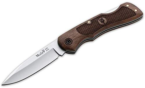 Muela Navaja BX-8LR hoja de acero MoVa de 8 cm y empuñadura de madera coral tallada para Caza, Pesca, Supervivencia y Bushcraft Realizado en Ciudad Real + Portabotellas de regalo