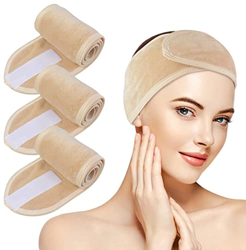 KinHwa Microfibre Bandeau Cheveux Femme Maquillage，cheveux Spa lavable pour Soin Visage,Réglable Headband avec Magic Tape Élastique pour le bain, démaquillage et sport (lot de 3, beige）