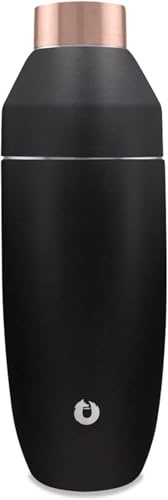 SNOWFOX Premium Vacuum Insulated Stainless Steel Cocktail Shaker, Home Bar Accessories, Elegant Drink Mixer, Lid With Jigger & Built In Strainer, Black/Gold, 22oz.