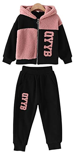 amropi Filles Ensembles Pantalon et Haut Polaire Veste à Capuche Survêtement Jogging Vêtement Rose Noir, 6-7 Ans