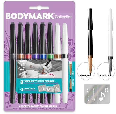 BodyMark by BIC, temporäre Tattoos in 8 Farben, Pinsel & feine Spitze, geruchsarme & schnell trocknende Tattoo Stifte für die Haut mit 3 Schablonen