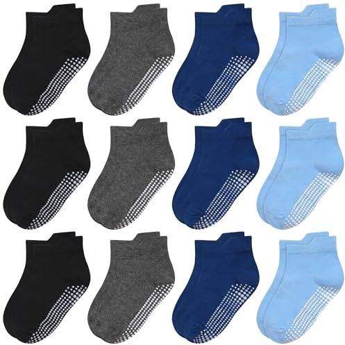 HYCLES Stoppstrumpor barn – 12 par ABS-strumpor barn baby pojkar småbarn halkfria strumpor för 0–7 år halkfria strumpor flickor, 04# svart x 3 + mörkgrå x 3 + marinblå x 3 + blå x 3, 1-3 år