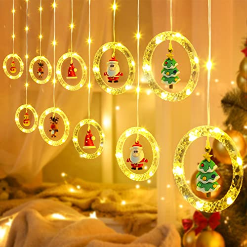 ELKTRY Weihnachtsdeko Fenster Innen, IP65 Wasserdicht 3x0.7m 100 LED lichtervorhang Lichterkette mit 10 Hängende Weihnachtspuppen Warmweiß Weihnachtsbeleuchtung außen mit 8 modi Timer Stecker