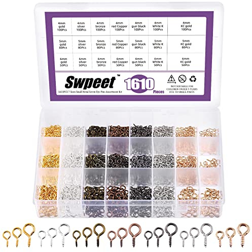 Swpeet 1610 Pcs 3 Sizes Metal Screw-in Eye Bolts & Hooks Kit